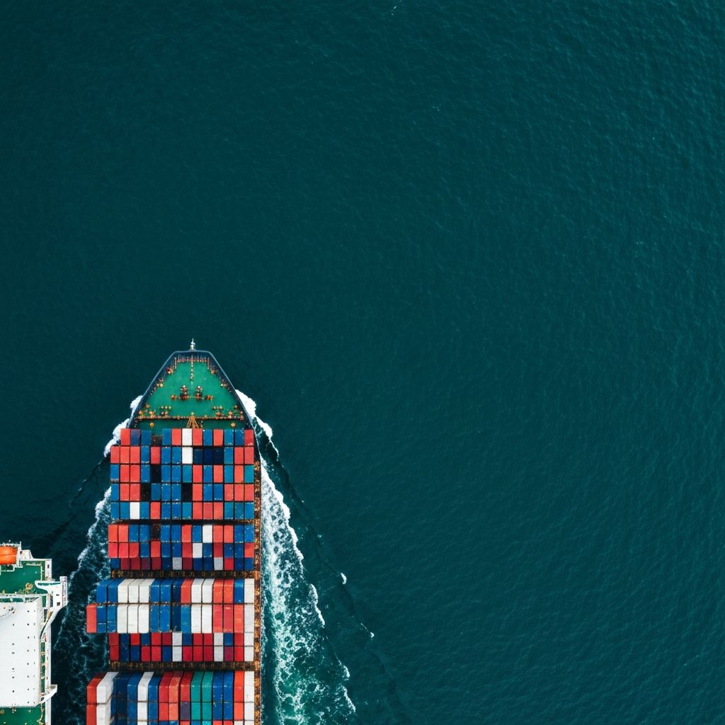 Aerial view of container ship sailing through the ocean